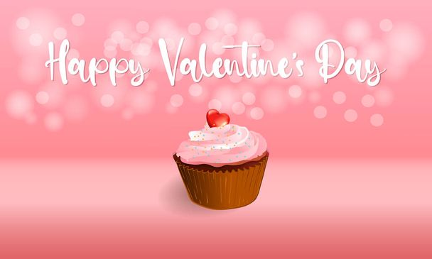 Cupcakes have a red heart on the side. topping with colorful round beads on a pink bokeh background. - Вектор,изображение