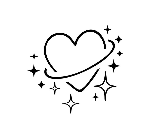 Siyah vektör kalp gezegeni dövme silueti üzerinde parlak parlak yıldız simgeleri simgesi simgesi. Aşk simgesi. Büyülü. Çizim lazeri kesme. Icon.Cricon. Sevgililer Günü.. - Vektör, Görsel