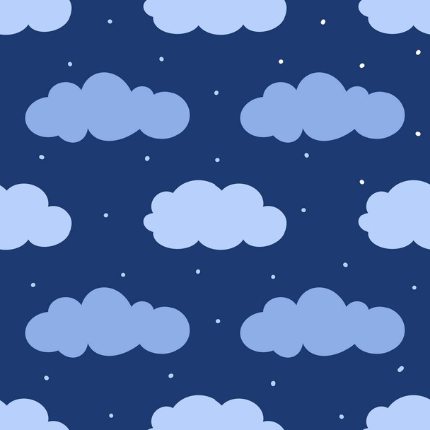 Pattern with blue clouds in hand drawing style on dark sky. - Foto, afbeelding