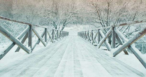 Winter, wooden pedestrian bridge in park in nature. Winter landscape - Photo, Image