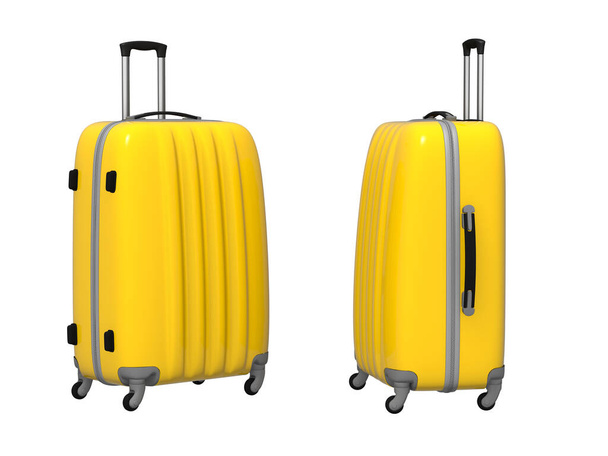 3d image of a yellow travel suitcase in two angles. Isolate on white background  - Photo, Image