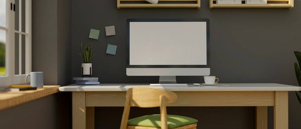 Modern working table or study table in home office with pc desktop computer and decor on modern wooden table over grey background. 3d rendering, 3d illustration - Photo, image