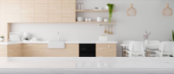3d rendering, White granite kitchen countertop for montage your product over modern Scandinavian kitchen background. 3d illustration - Fotoğraf, Görsel