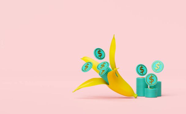 plátano amarillo con pila de monedas apiladas aisladas sobre fondo rosa. finanzas fáciles, ahorro de dinero, crecimiento del negocio, fondo, concepto de interés, ilustración 3d o renderizado 3d - Foto, Imagen