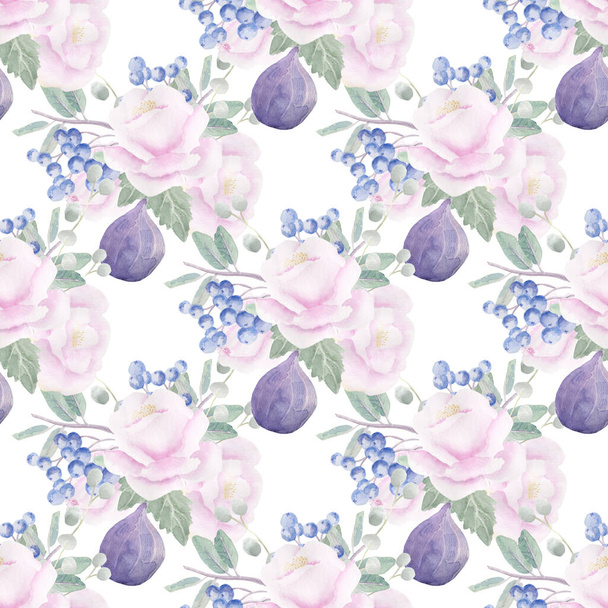 Watercolor drawing of beautiful  roses flowers and figs, seamless pattern  - Foto, imagen