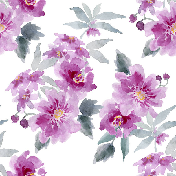 Watercolor drawing of beautiful flowers  and leaves,  seamless pattern - 写真・画像