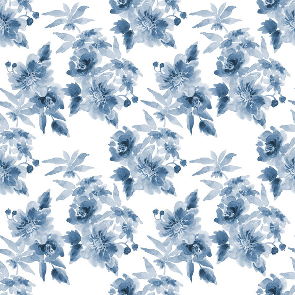 Watercolor drawing of beautiful flowers  and leaves,  seamless pattern - Fotoğraf, Görsel