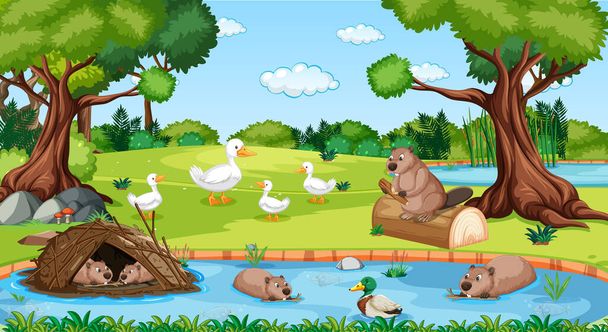 River in the forest scene with wild animals illustration - Vector, Image