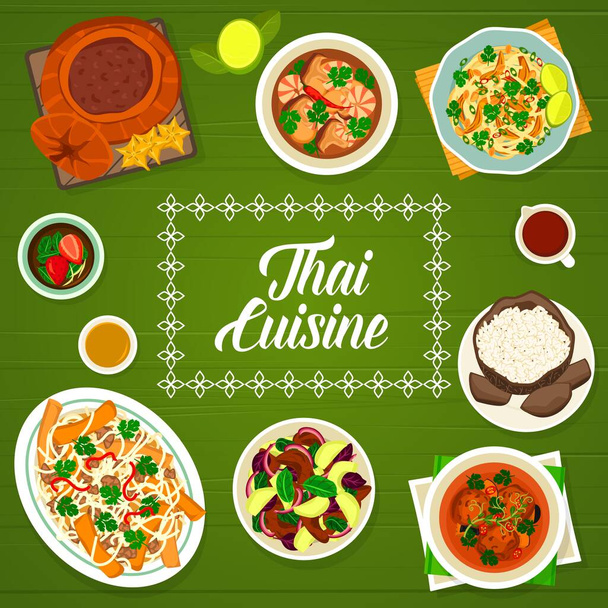 Thai food cuisine menu, Thailand dishes and lunch salads, vector cover. Thailand authentic food and restaurant dinner menu Pad Thai noodles with chicken, lemongrass tea with pastry and Tom Yum soup - Vector, Image