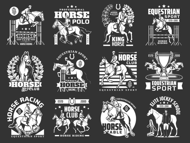 Equestrian sport horse riding and polo club, jockey school, race, jump and dressage vector icons. Racehorses, hippodrome track and horseback riders, champion trophy, harness, horseshoe - Vettoriali, immagini