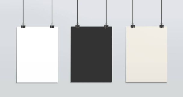 Hanging paper posters mockup, realistic sheets of paper on strings, photo gallery vector 3d blank mock up. Black and white isolated empty vertical boards, frames for gallery pictures, photo or message - Vecteur, image