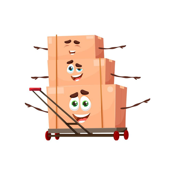 Cartoon stack of parcels on trolley, delivery and shipping service. Vector cardboard boxes characters. Package mascots, isolated funny parcels, smiling and laughing cargo packs mail personages fun - Vecteur, image