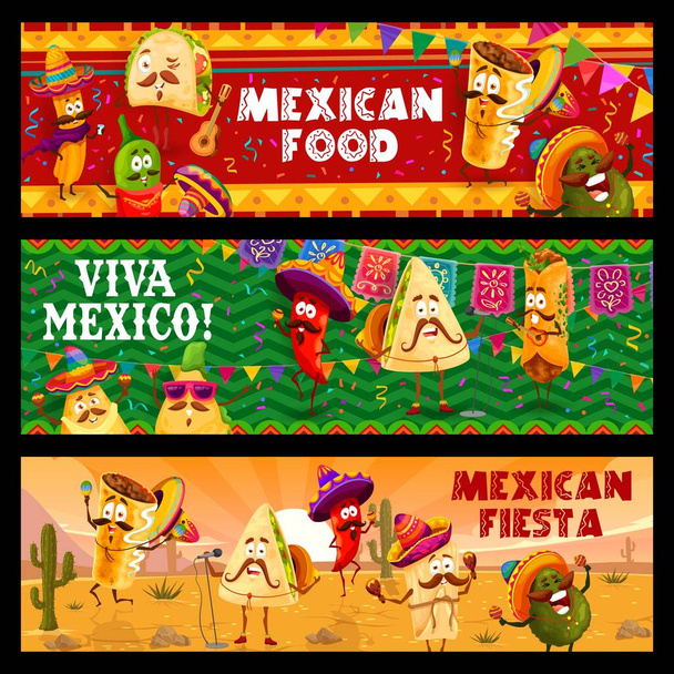 Fiesta mexicana y fiesta festiva, tacos mexicanos de dibujos animados y burritos, churros y jalapeños, nachos y personajes de aguacate. Banderas vectoriales con tex mex snacks de comida rápida en sombrero y poncho en el desierto - Vector, imagen