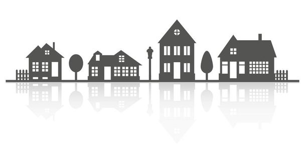 Suburban neighborhood landscape. Silhouette of houses on the skyline with reflection. Countryside cottage homes. Glyph vector illustration. - Vettoriali, immagini