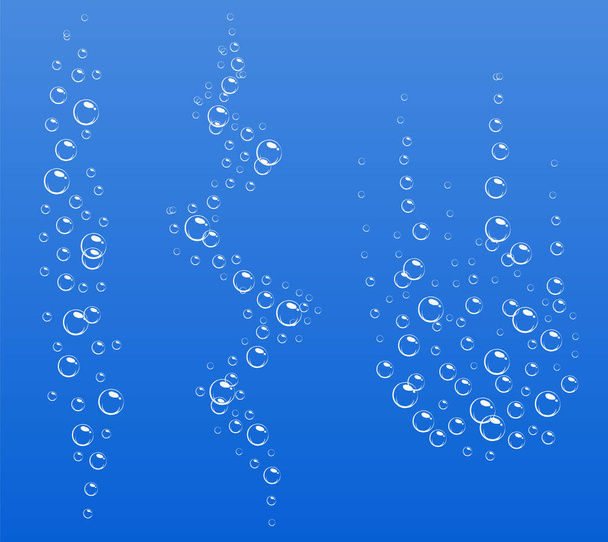 Cartoon fluxo de efervescência de ar bolhas subaquáticas na água, refrigerante, mar. Bolhas de espuma. Ilustração vetorial sobre fundo azul. - Vetor, Imagem