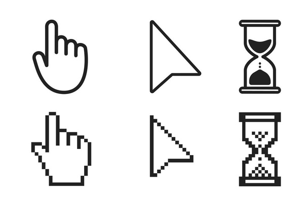 Reloj de arena negro reloj de carga, puntero de mano y cursores de flecha icono signo - Vector, imagen