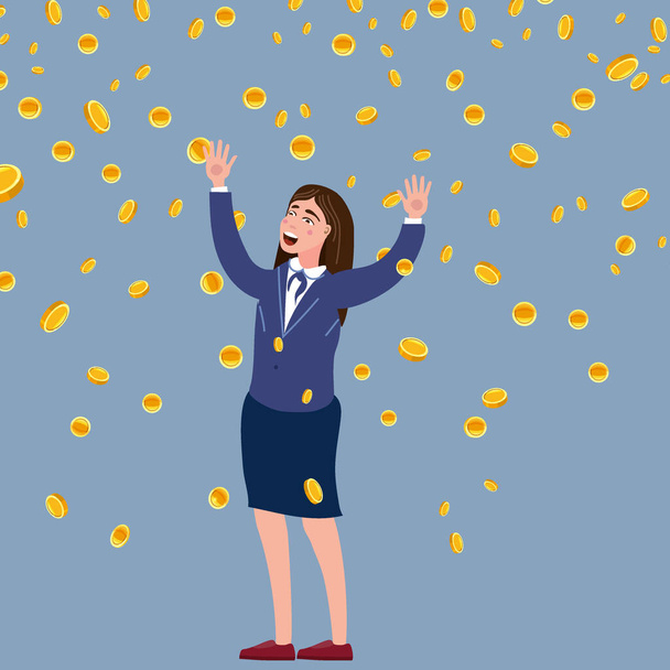 Happy businesswoman falling money coins rain. Success finance business, falling cash. Vector illustration - Wektor, obraz