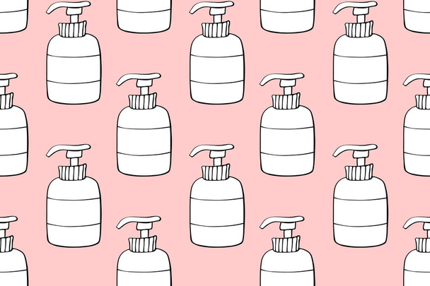 Vector seamless pattern of outline bottles with dispenser or cosmetic products, sanitizers or hand soap in doodle style. Texture on theme beauty industry, hygiene, toiletries - Vector, Image