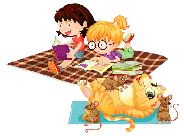 Niños leyendo sus libros con gato jugando con ratones ilustración - Vector, Imagen