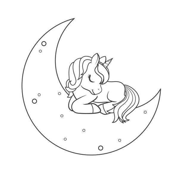 Cute unicorn sleeping on the moon. Vector illustration isolated on white background - Vektör, Görsel