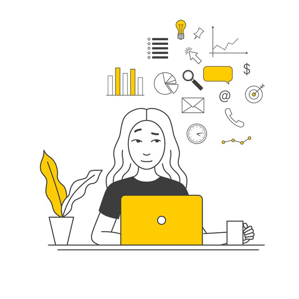 Woman with laptop. Solving work tasks while working remotely. Vector flat illustration isolated on white background - Vektori, kuva