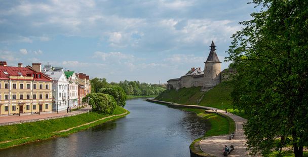Embankment quarter on the bank of the river, a popular tourist destination, Pskov, Russia. Historical and architectural center of the 12th century in the old city. Travel summer. - Photo, Image