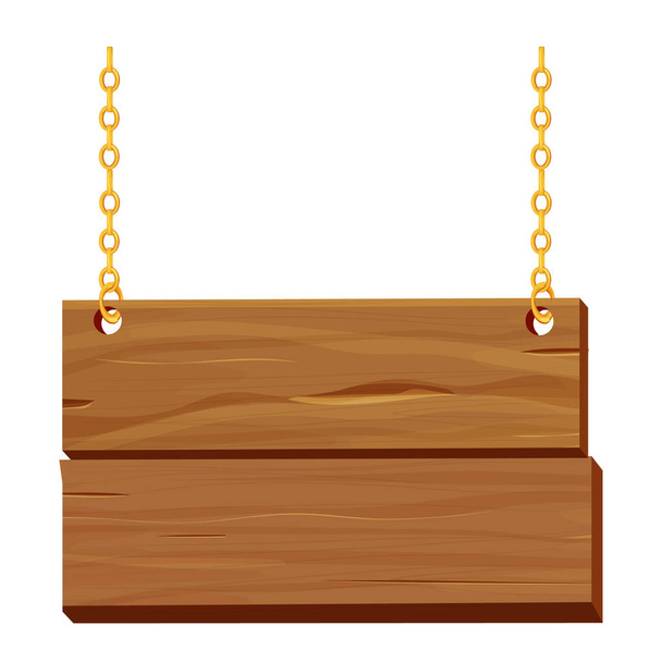 黄金の鎖で木製のフレームをぶら下げ、白い背景に隔離された漫画のスタイルで看板。質感の木の板、装飾。UIゲーム資産. - ベクター画像