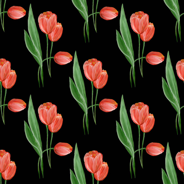 Red tulips and green leaves on a black background. Spring flowers. Seamless pattern. Watercolor illustration. For textiles, postcards, packaging. - 写真・画像