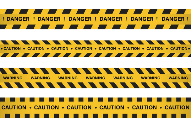 Warning, danger sign with yellow and black color. Caution sign for police, accident, under construction, website. Vector danger sign. Caution tape set with black and yellow warning ribbons. - Vektori, kuva