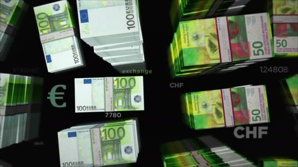 Euro and Swiss Francs money exchange. Paper banknotes pack bundle. Concept of trade, economy, competition, crisis, banking and finance in Switzerland. Notes loopable seamless 3d animation. - Video