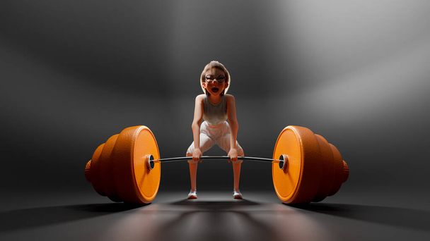 Cheeky little girl with short hair. Try your best to lift orange weights in dark room. light shine from the side and back. 3D Render. - Foto, immagini