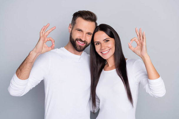 Portrait of attractive cheerful couple hugging showing ok-sign ad advert agree trust isolated over grey pastel color background. - Photo, image