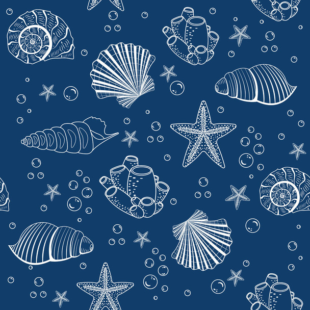 A pattern of seashells of different colors on a blue background, vector illustration. - Vektori, kuva