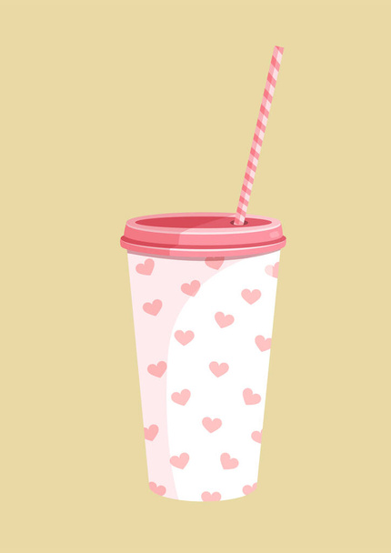Coffee paper cup with hearts for postcard, textile, decor, poster, banner. Vector illustration of a plastic cup with a straw. Greeting card for Valentine's Day and other holidays - Vektor, Bild