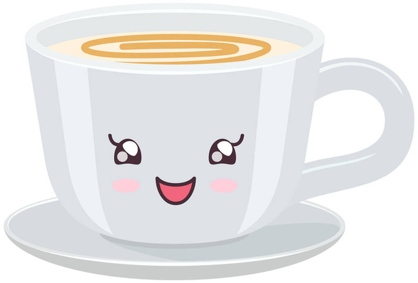 Suloinen söpö kuumia juomia, latte, cappuccino ja kaakao, kahvia kupit positiivisia tunteita asetettu - Vektori, kuva