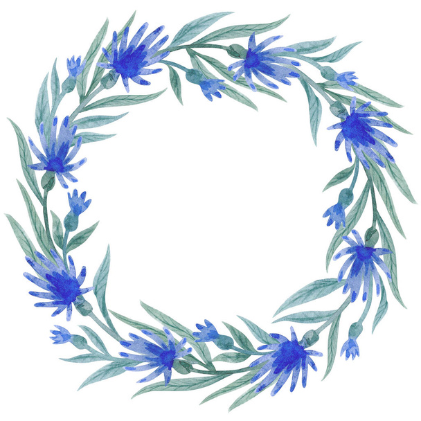Watercolor frame with blue flowers and leaves isolated on white background. - Φωτογραφία, εικόνα