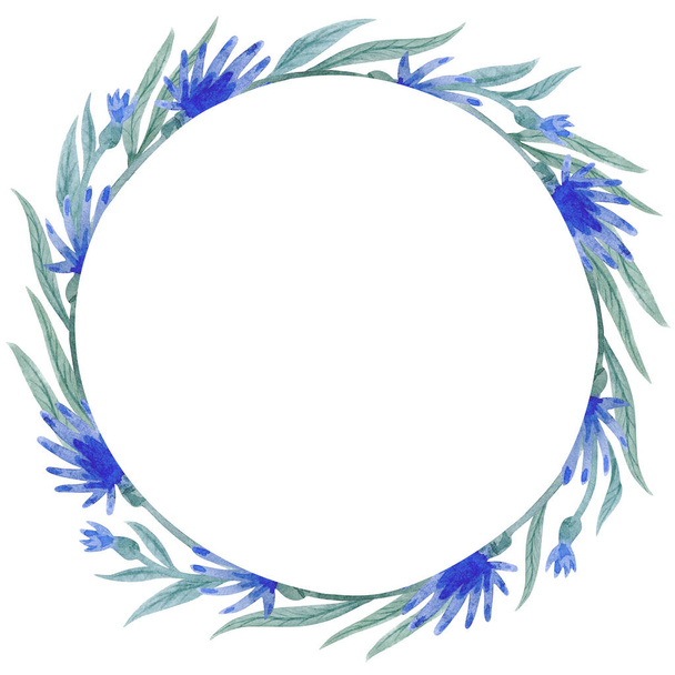 Watercolor frame with blue flowers and leaves isolated on white background. - Foto, immagini