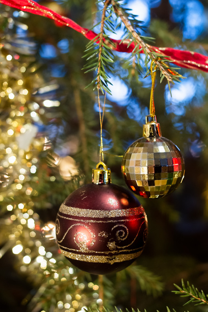 Two old fashioned baubles hanging in the traditional Christmas tree. The tree is a real spruce. - 写真・画像