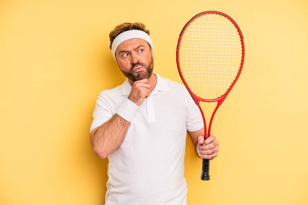 middle age man thinking, feeling doubtful and confused. tennis concept - 写真・画像