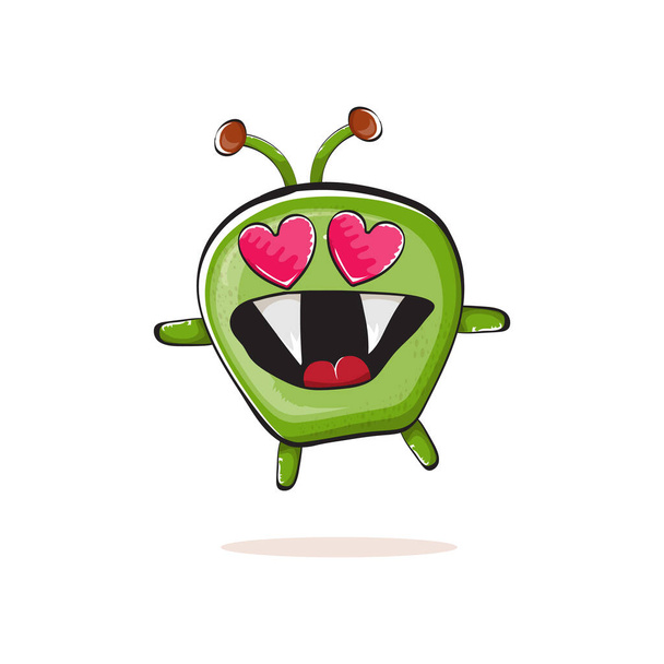 Vector cartoon funny green alien monster isolated on white background. Smiling silly green monster print sticker design template. Cute Ghost, troll, gremlin, goblin, devil and monster - Vector, Image