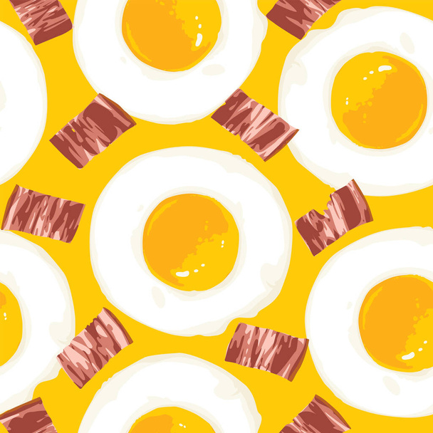 Breakfast seamless pattern with morning fried eggs and appetizing bacon. Vector background with a lot of scrambled eggs on a yellow backdrop. Suitable for wallpaper, wrapping paper and fabric design - Vector, Image
