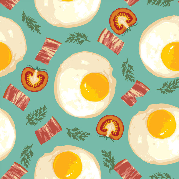 Appetizing seamless pattern with fried eggs, delicious bacon, dill and tomato. Vector background with tasty eggs for breakfast on an emerald backdrop. Suitable for wallpaper, wrapping paper, fabric - Vector, Image