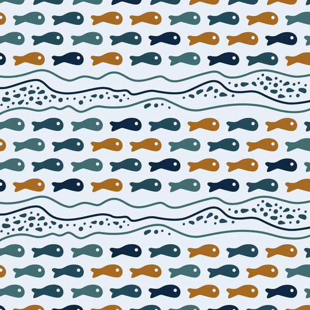 Ocean and fish. Stylized multicolored underwater world. Flat vector illustration on light blue background. - Вектор, зображення