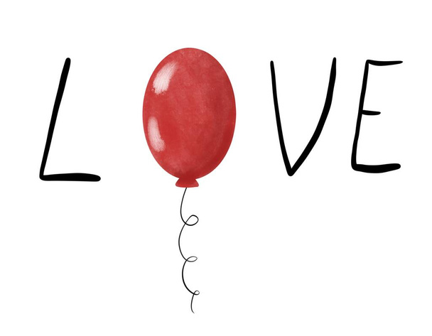 Μαύρο σύμβολο αγάπης κείμενο με κόκκινο μπαλόνι σε λευκό φόντο στούντιο. - Φωτογραφία, εικόνα