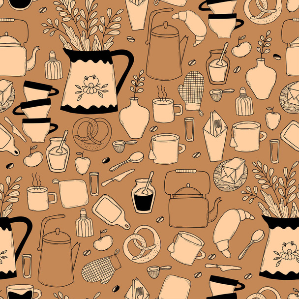 Seamless pattern with kitchen utensils and food. Kitchenware, kettles and a saucepan, preparation of food and drinks on brown background. Vector illustration. Outline drawn doodles linear style - Διάνυσμα, εικόνα