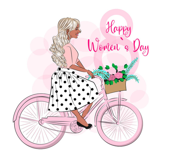 Feliz Día de la Mujer el 8 de marzo Linda chica hermosa en una bicicleta Postal romántica y póster para las vacaciones de primavera en estilo retro impresión de mujer rubia en textiles en tarjetas para envolver regalos - Vector, imagen