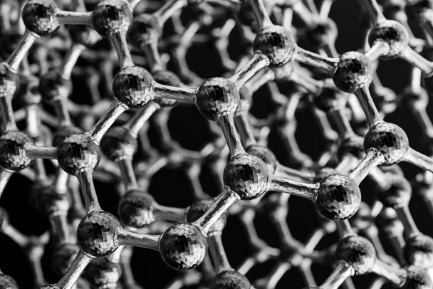 Renderização 3D da estrutura da superfície de grafeno ou carbono, forma geométrica hexagonal abstrata da nanotecnologia, estrutura atômica, estrutura molecular do grafeno - Foto, Imagem