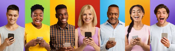 Row of international young men and women using mobile phones over various colorful backgrounds, collage, panorama - Foto, afbeelding