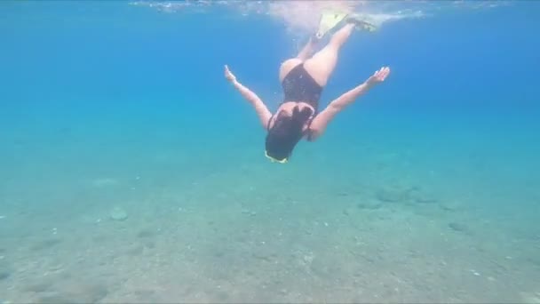 Frau mit Tauchermaske taucht unter Wasser - Filmmaterial, Video