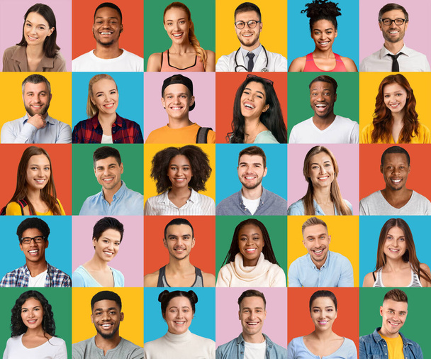 Creatieve collage met vrolijke multi-etnische mensen portretten over kleurrijke achtergronden - Foto, afbeelding